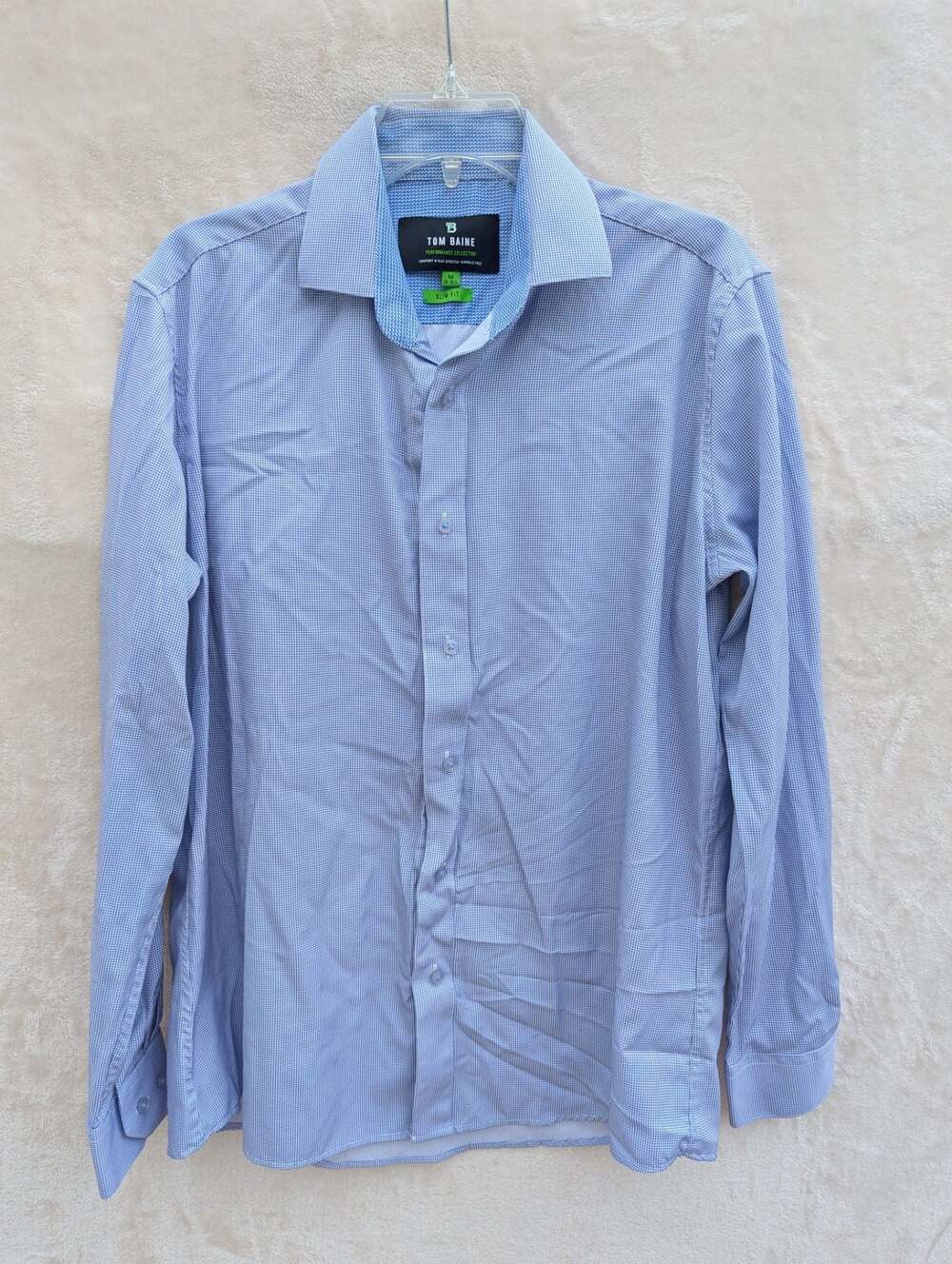 Tom Baine Performance Slim Fit Long Sleeve Blue Check Shirt Size M 15-15.5